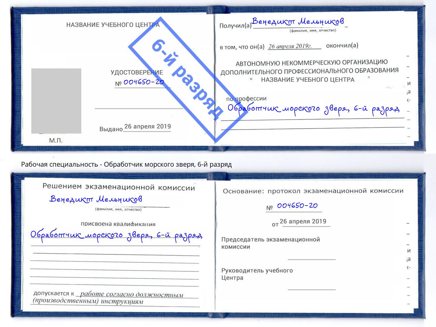 корочка 6-й разряд Обработчик морского зверя Ртищево