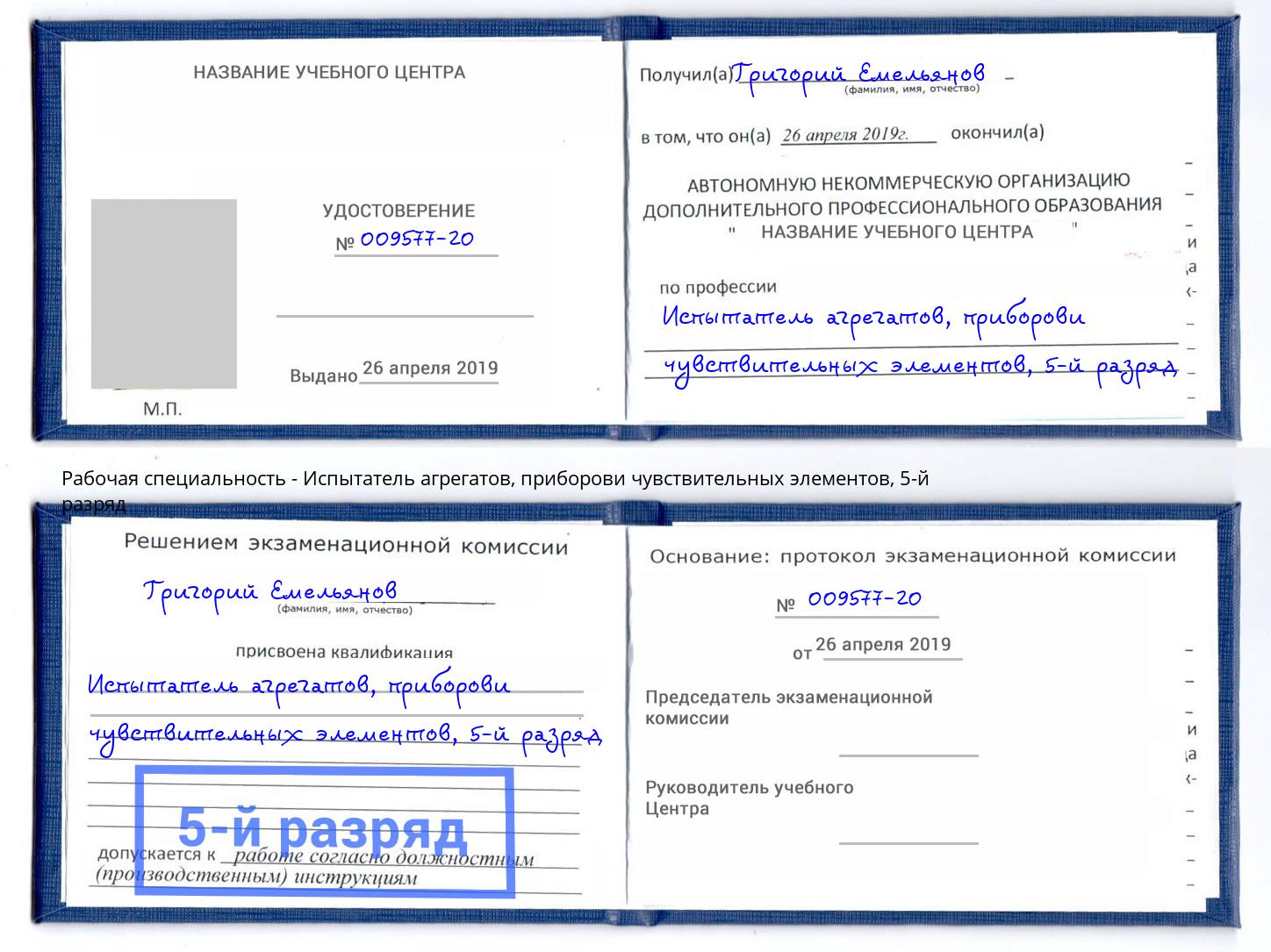 корочка 5-й разряд Испытатель агрегатов, приборови чувствительных элементов Ртищево