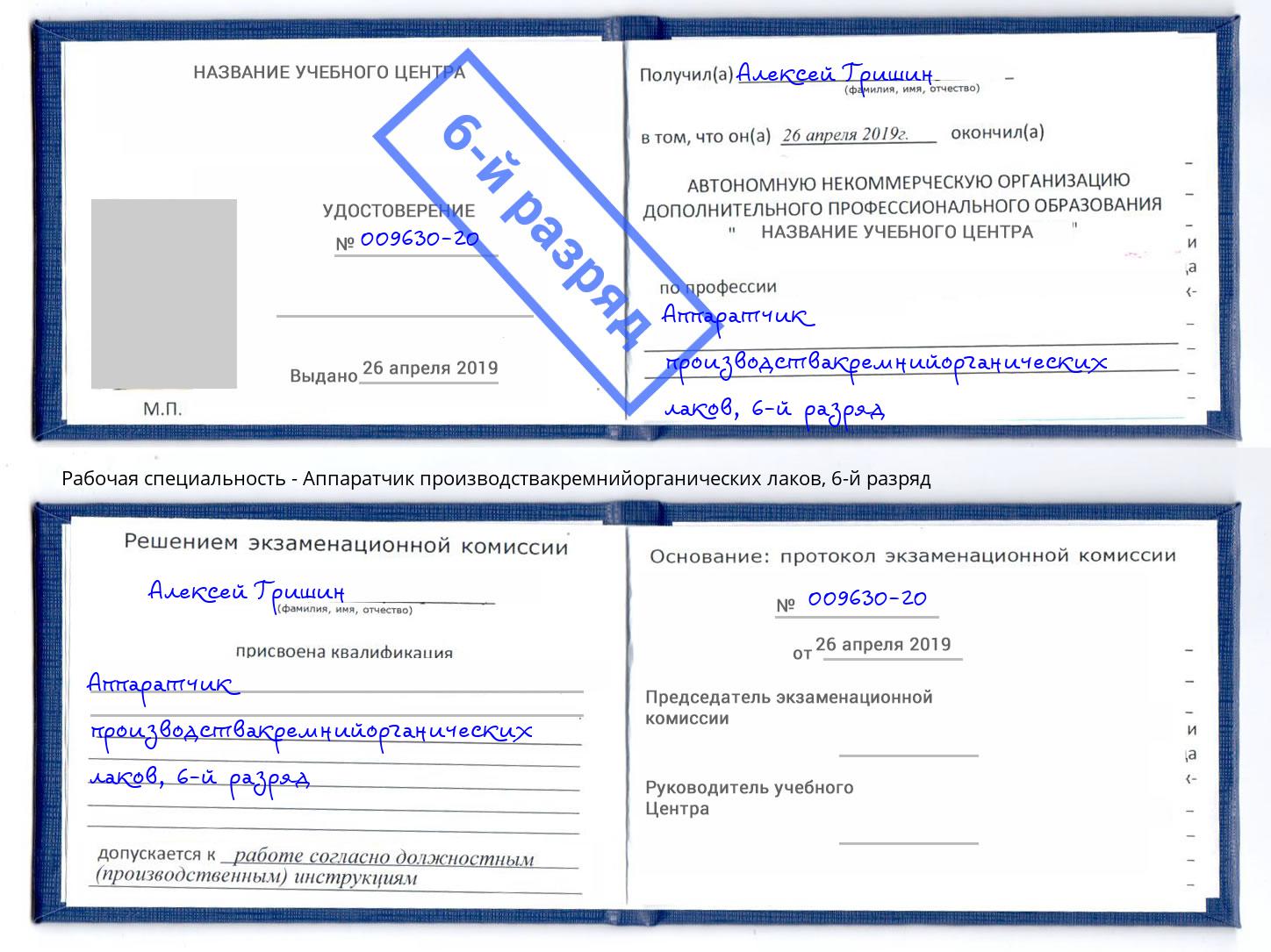 корочка 6-й разряд Аппаратчик производствакремнийорганических лаков Ртищево