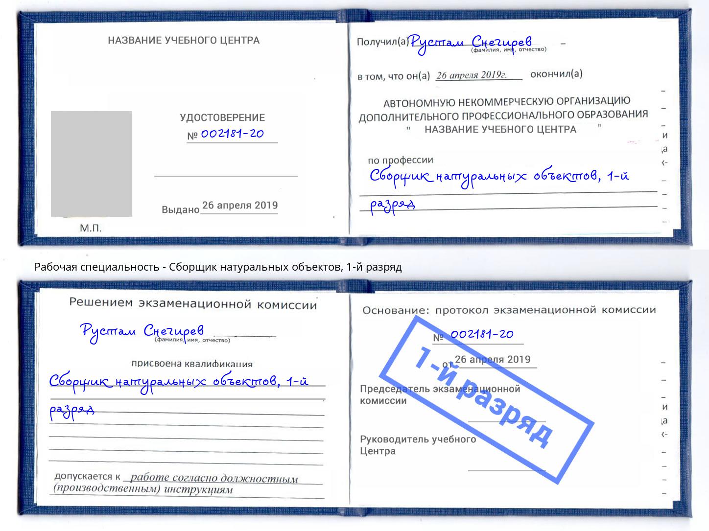 корочка 1-й разряд Сборщик натуральных объектов Ртищево