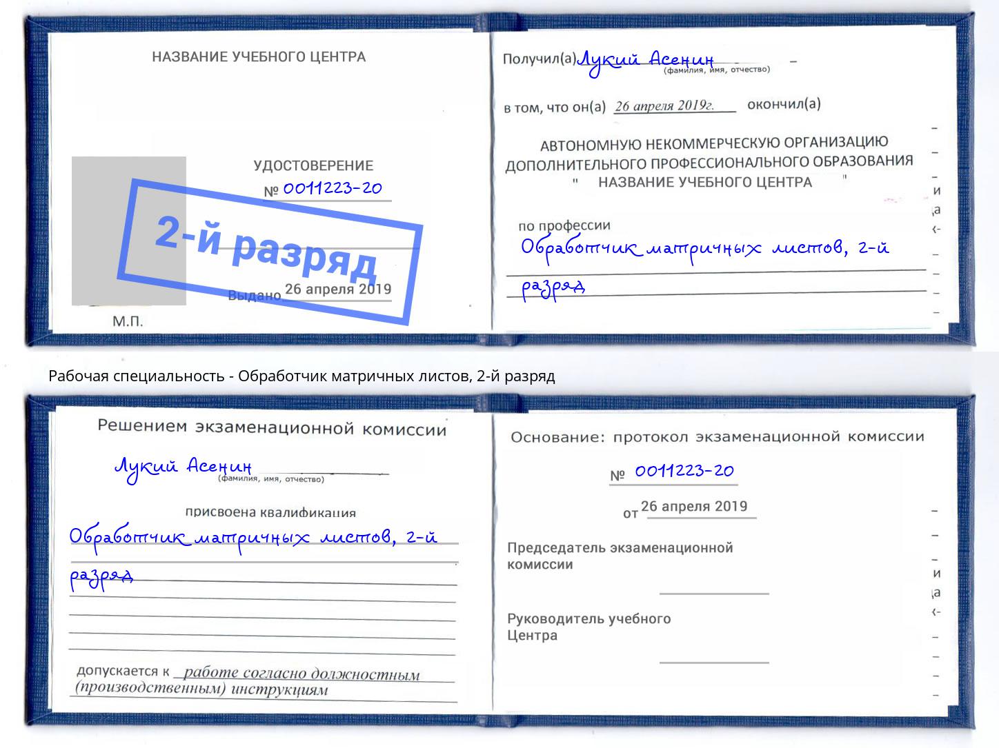 корочка 2-й разряд Обработчик матричных листов Ртищево