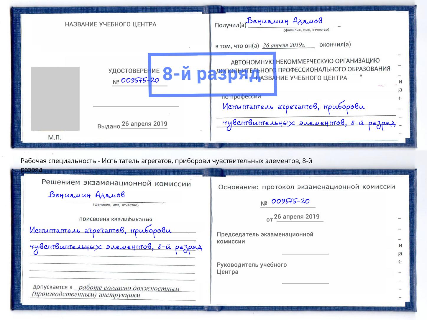 корочка 8-й разряд Испытатель агрегатов, приборови чувствительных элементов Ртищево